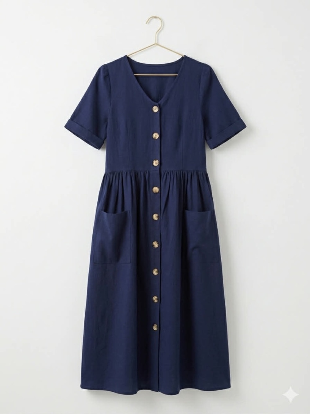Button-Front Navy Midi Dress with Pockets - Picture 3 of 3